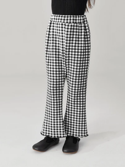 女童春秋黑白格紋喇叭褲兒童時尚休閒長褲