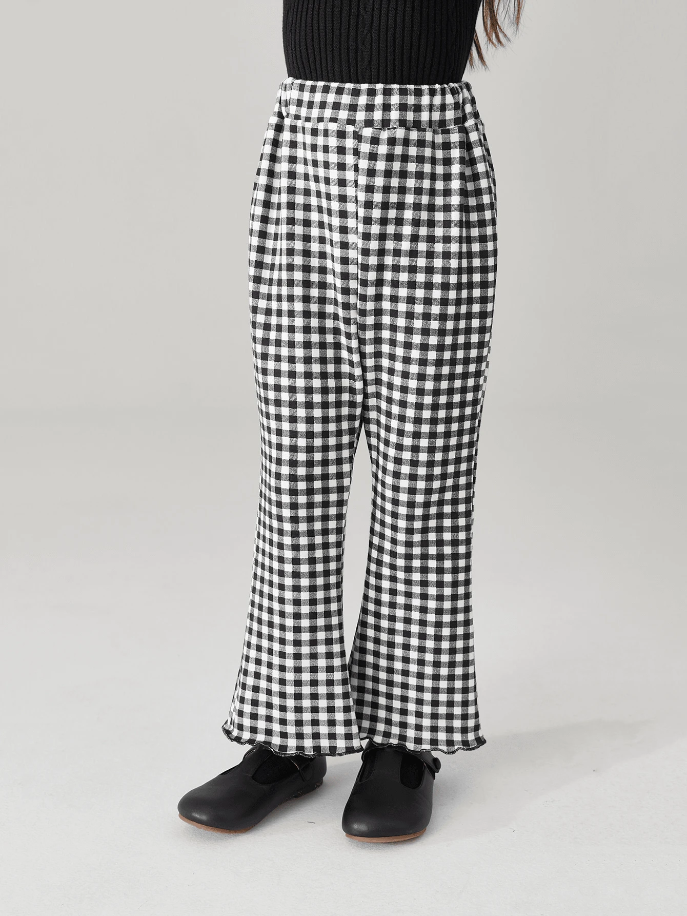 女童春秋黑白格紋喇叭褲兒童時尚休閒長褲 - 黑與白 - 查看 1