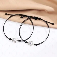 1pair Fashionable Turtle Shaped Rhinestone Inlaid Wax Rope Bracelet, Perfect For Daily Wear And Couples - 1 pair of black wax rope diamond turtle bracelets - View 4