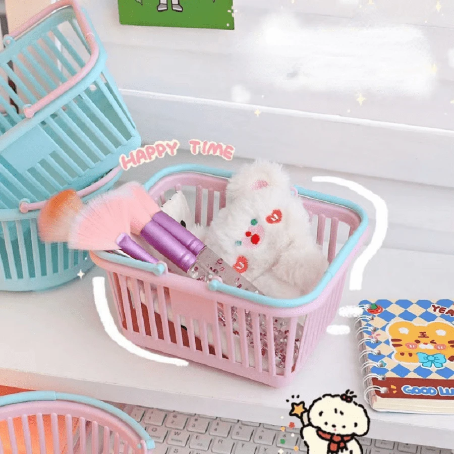 1 Pieza Linda Canasta De Compras De Plástico, Caja De Almacenamiento De Papelería Para Estudiantes - Azul - Ver 1