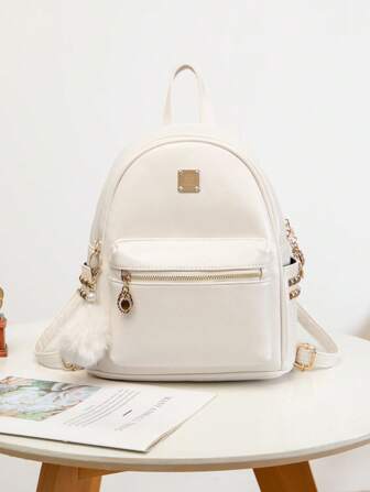 Fashion Mini Studded Backpack With Fur Pom Pom Charm