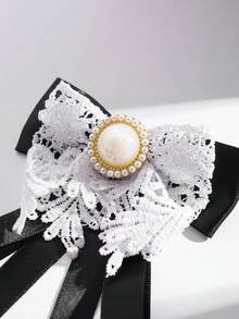 1pc Handmade Circular Pearl Inlaid Geometric Button & Lace Decorated Black Ribbon Exquisite Women's Brooch - Multicolor - View 3