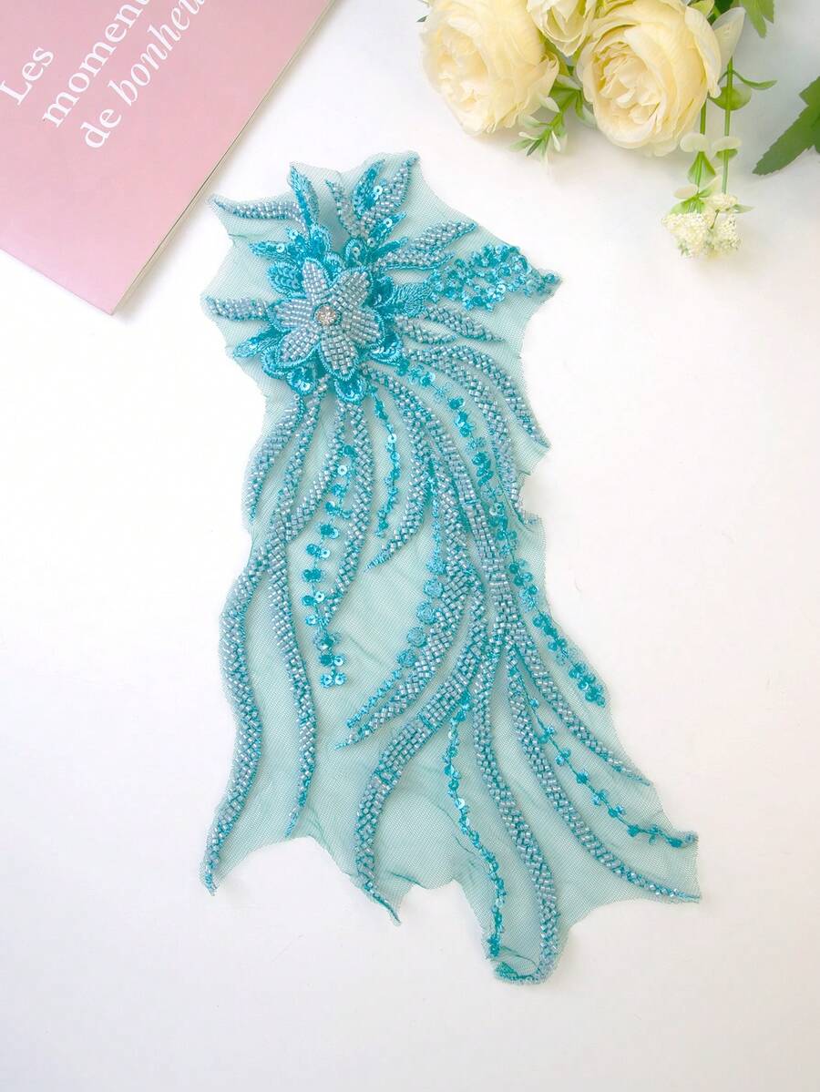 多彩3d刺繡串珠新娘禮服/晚禮服/蕾絲/ Diy衣物裝飾單朵花,長度: 32cm / 寬度: 16cm - 藍色 - 查看 1