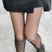 1 Pair Women's European And American Style Fishnet Lace Socks Studded With Rhinestone - Black - View 1
