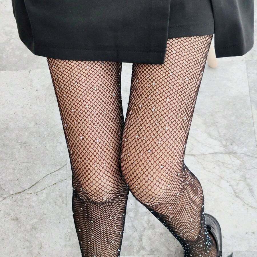 1 Pair Women's European And American Style Fishnet Lace Socks Studded With Rhinestone - Black - View 1