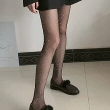 1 Pair Women's European And American Style Fishnet Lace Socks Studded With Rhinestone - Black - View 6