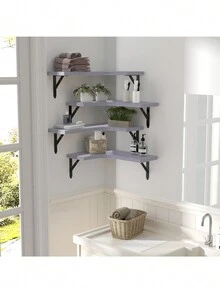 木質浮動式牆面裝飾擱板,用於臥室/浴室/廚房/客廳的鄉村風格牆面裝飾擱板,4入組(灰色)