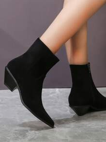 Europäischer Stil Weiche Pu Leder Spitze Schuhe Stiefeletten Für Frauen, Retro Mattierte Oberfläche Chunky Absatz Stiefeletten Herbst-winter Kollektion