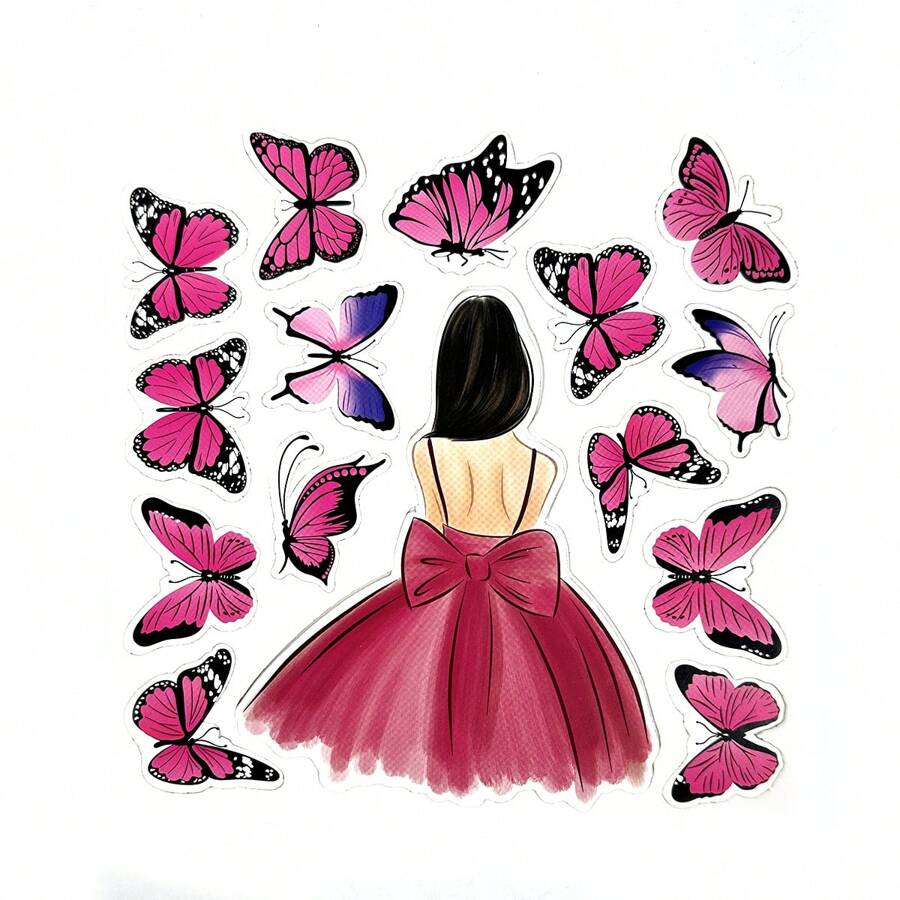 1pc Red Butterfly Back View Girl Birthday Cake Decoration Topper/pick - Red - View 1