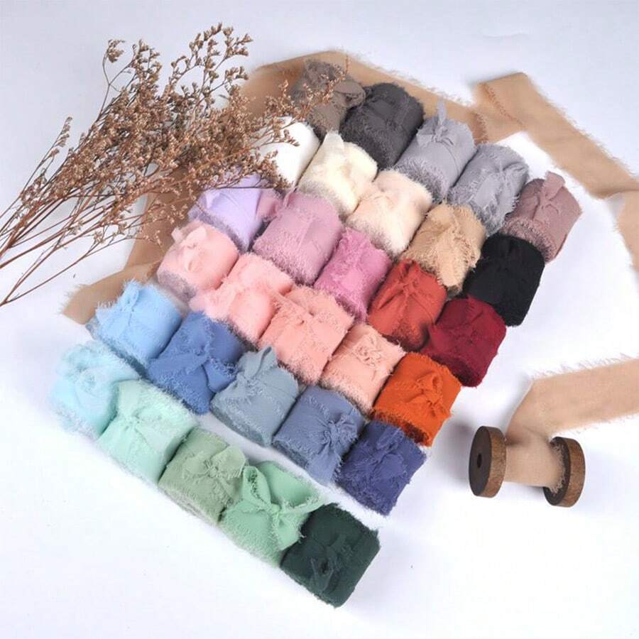 1 Roll Pearl Yarn Chiffon Hand-torn Ribbon, Wedding Bouquet Ribbon, Flower Box Ribbon With Frayed Edge(random Color) - Coffee Brown - View 1