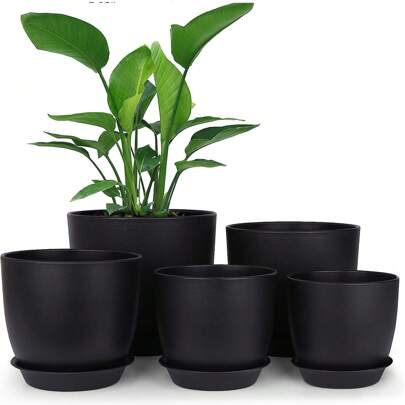 5pcs Plastic Flower Pot Set, 5 Sets Of 7/6/5.5/4.8/4.5 Inch Modern Style Plastic Flower Pot With Drainage Holes And Trays For Indoor And Outdoor Potted Plants, Such As Succulent, Snake Plant, Violets, Etc.