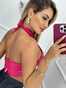 Wrap Top With Tie With Padded Tops Bandeau Crossover Fashion Blogger Party - Pink - View 2