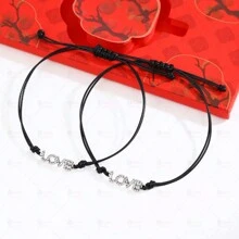 1pair Fashionable Turtle Shaped Rhinestone Inlaid Wax Rope Bracelet, Perfect For Daily Wear And Couples - 1 pair of black wax rope diamond turtle bracelets - View 7