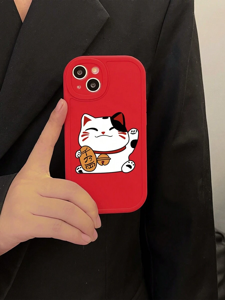 1pc Lucky Cat Print Red Phone Case Compatible With IPhone - Multicolor - View 1