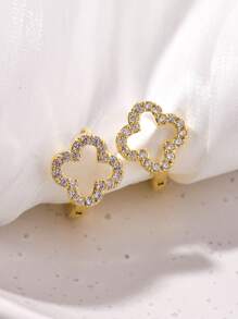 1pair Minimalist Four-leaf Clover Design Micro Zirconia Inlay Earrings For Women's Daily Office Wear