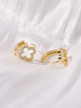 1pair Minimalist Four-leaf Clover Design Micro Zirconia Inlay Earrings For Women's Daily Office Wear