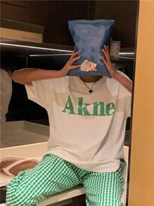 1條女式鬆身韓風綠色格紋印花家居褲,帶空調休閒長褲 - 綠色 - 查看 3