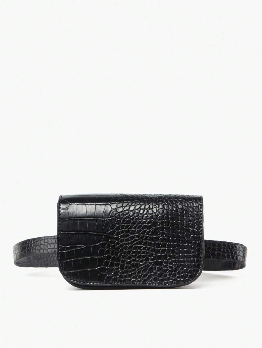 小虯鱷紋路簡約pu皮腰包 - 黑色 - 查看 1