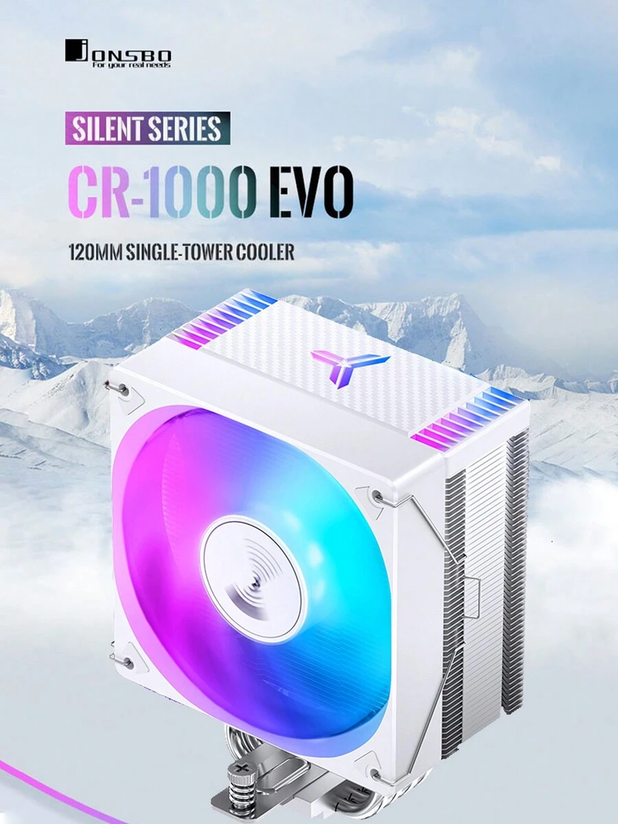 Jonsbo Cr-1000evo Rgb白色cpu風冷散熱器鍍鎳4熱管12cm七彩光效pwm風扇多平台