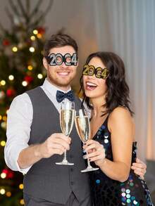 6入組2024年新年派對眼鏡,節慶裝飾面具,攝影道具氣氛創造用品 - 黑色 - 查看 2