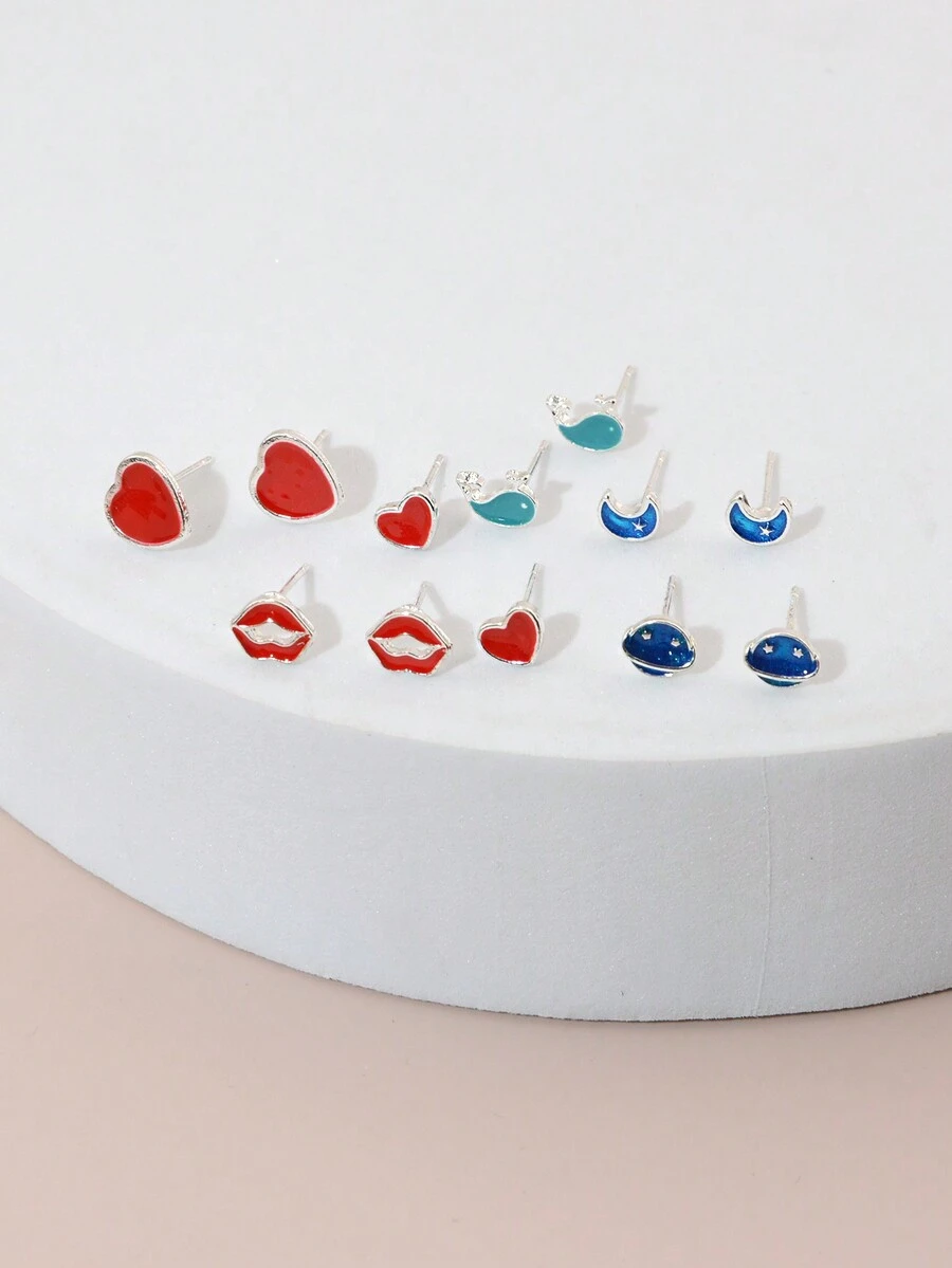 6 對女孩心形人造珍珠與一週主題耳環 - 彩色 - 查看 1