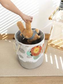 1個布質卡通獅子儲物籃,可折疊的圓形衣物和玩具組織者,適用於兒童房和客廳