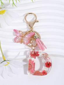 1 件字母 & 花朵 & 水晶 & 流苏 & 蝴蝶钥匙扣，时尚包包饰物，配有真正的干花和环氧树脂情人节情人节礼物纪念品汽车配件学校背包万圣节配饰教师节 - 彩色 - 查看 17