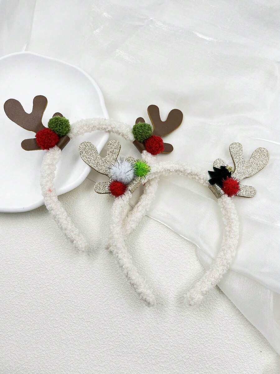 1套/2入組聖誕鹿角頭飾,多色毛球可愛派對節日禮物