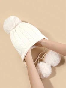 1pc New Autumn/winter Solid Color Braided Knit Beanie With Ear Flaps And Pom-pom Ball For Children In Stock - Beige - View 4