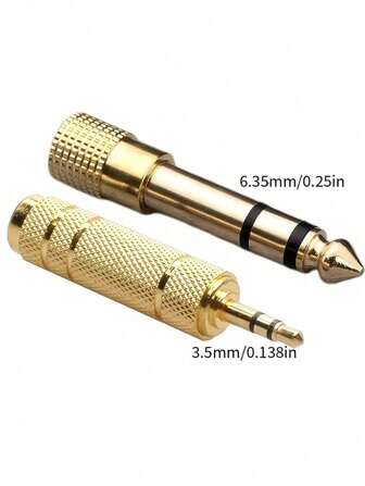 两根3.5mm公头转6.35mm母头立体声纯铜转接头，以及一根1/8英寸公头转1/4英寸母头立体声转接头，可用作耳机转接头或耳机放大器转接头。两件装。