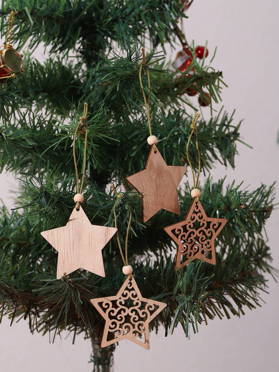 1 Set-12pcs Christmas Themed Party Decoration, Mix/Random Style Wooden Star Shaped Ornaments,Christmas - Apricot - View 1