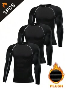 男士经典长袖高弹力运动 T 恤，带保暖内衬