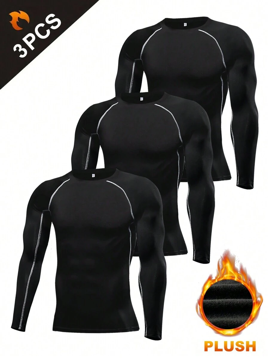 男士经典长袖高弹力运动 T 恤，带保暖内衬