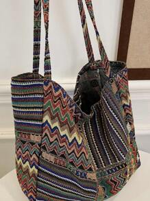 1 Pieza Bolsa De Hombro De Gran Capacidad Simple Y De Moda Con Patrón Vintage, Plegable Para Viaje Diario Y Compras - Multicolor - Ver 8