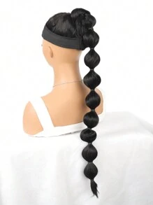 棕色氣泡辮馬尾延伸,包裹周圍的馬尾延伸合成蓬鬆柔軟的假髮黑色 - 黑色 - 查看 4