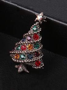 1pc European And American Style Christmas Tree Design Brooch With Rhinestone & Dripping Oil Effect, For Women, Daily, Festival Wear - Antique Silver - View 2