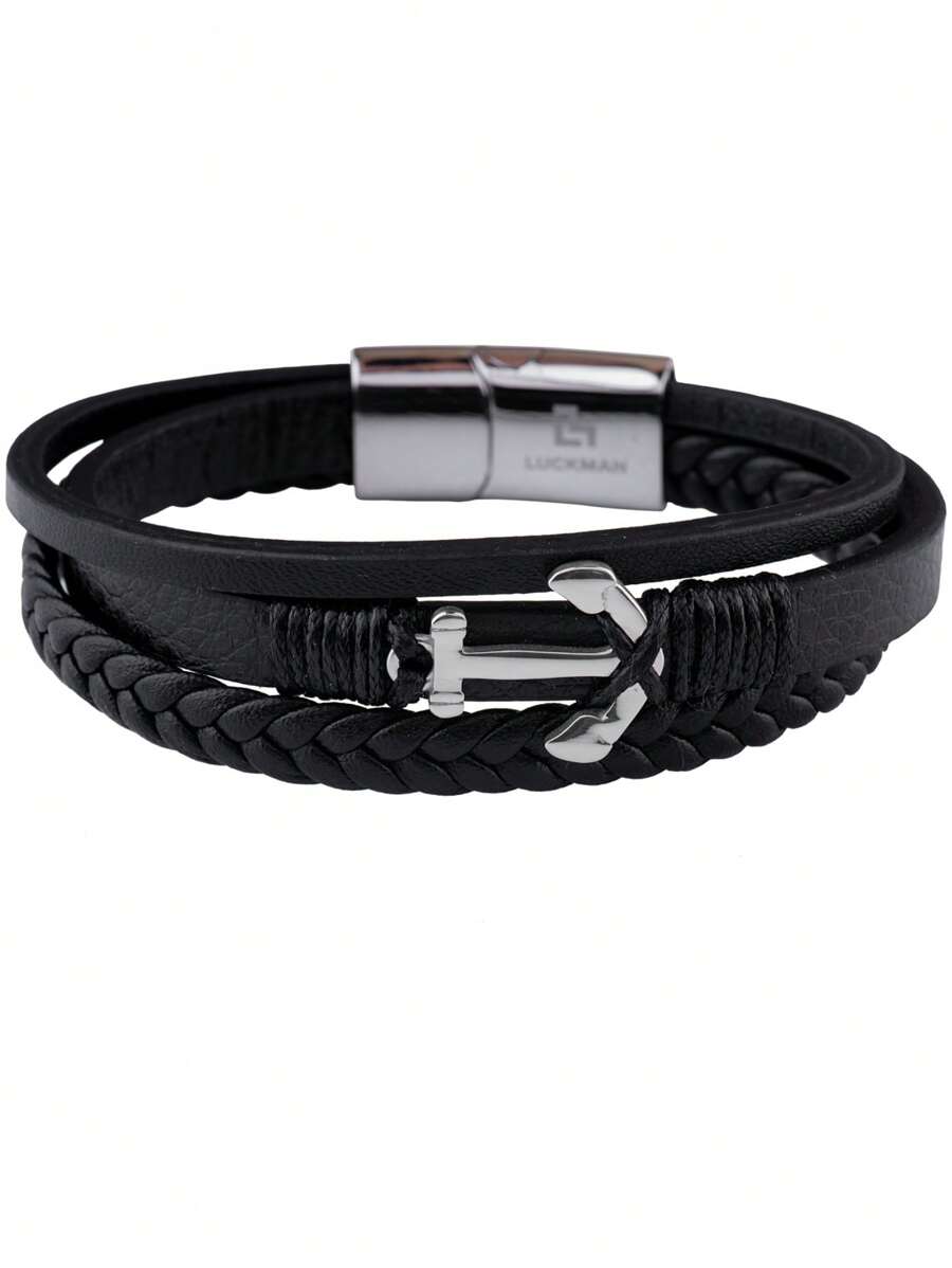 Pulsera Hombre de Ancla LUCKMAN, Brazalete Piel Vegana y Acero Inoxidable Color Plata, Broche Magnético – Joyería y Accesorios para Hombre, Regalos para Hombre Cumpleaños y Regalos para Papá Originales, Modelo Liam - Plateado - Ver 1