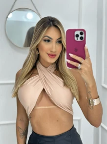 Wrap Top With Tie With Padded Tops Bandeau Crossover Fashion Blogger Party - Beige - View 3