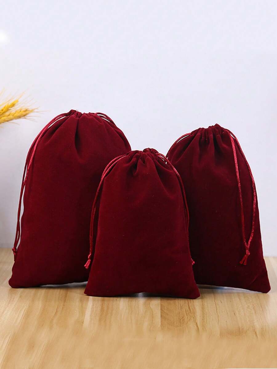 5pcs Set Drawstring Jewelry Storage Pouch, Burgundy Velvet Jewelry Bag Suitable For Necklaces, Earrings And Other Jewelry - Burgundy - View 1