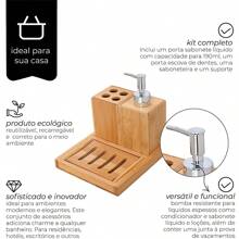 Kit Banheiro Bambu 4 Peças Sabonete Liquido Porta Escova  e Saboneteira - Bege - Visão 6