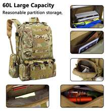 1入組60L軍用戰術突擊背包，可拆卸組裝逃生背包，迷彩防水物料戶外背囊，帶多個掛扣和Molle系統，適用於男女運動、徒步旅行、露營、狩獵大容量旅行袋 - 軍綠色 - 查看 3