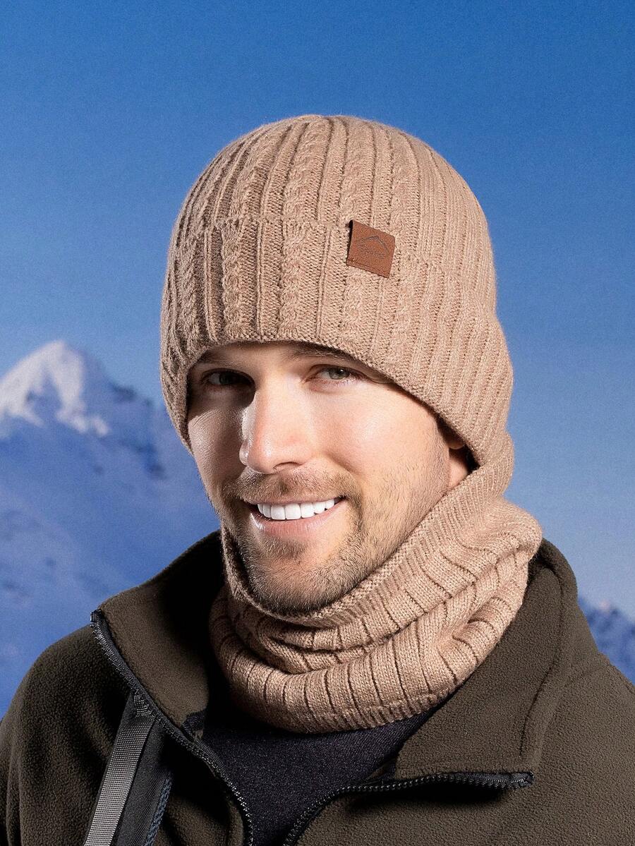 1入組男士冬季針織帽套裝,內裡加厚毛絨,防寒,圍巾,耳罩及帽子