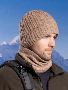 1入組男士冬季針織帽套裝,內裡加厚毛絨,防寒,圍巾,耳罩及帽子