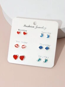 6 對女孩心形人造珍珠與一週主題耳環 - 彩色 - 查看 2