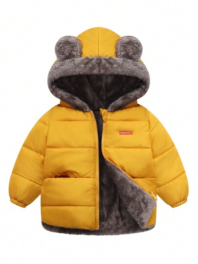 Young Boy Autumn And Winter Warm Hooded Plush Padded Coat, Windproof, Thickened, Soft And Comfortable, Zippered Jacket, Reversible, Cute Ear-Shaped Jacket, Coat, Yellow Coat