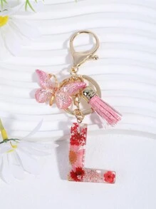 1 件字母 & 花朵 & 水晶 & 流苏 & 蝴蝶钥匙扣，时尚包包饰物，配有真正的干花和环氧树脂情人节情人节礼物纪念品汽车配件学校背包万圣节配饰教师节 - 彩色 - 查看 23