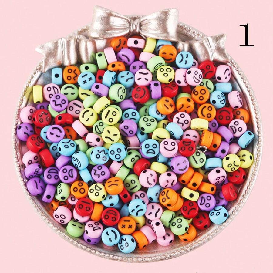 100入組4*7mm亞克力笑臉平面圓珠,diy手鍊、耳環、項鍊、手機掛飾裝飾珠子