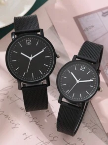 2 Pezzi/set Orologio Al Quarzo Nero Per Coppia, Cinturino In Plastica Nera, Stile Casual