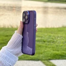 1pc Purple Simple Electroplated Lens Frame Precision Hole Frosted Solid Color Phone Case Compatible With IPhone/Compatible With Samsung Phones,International Version, Not The Domestic Version - Purple - View 7