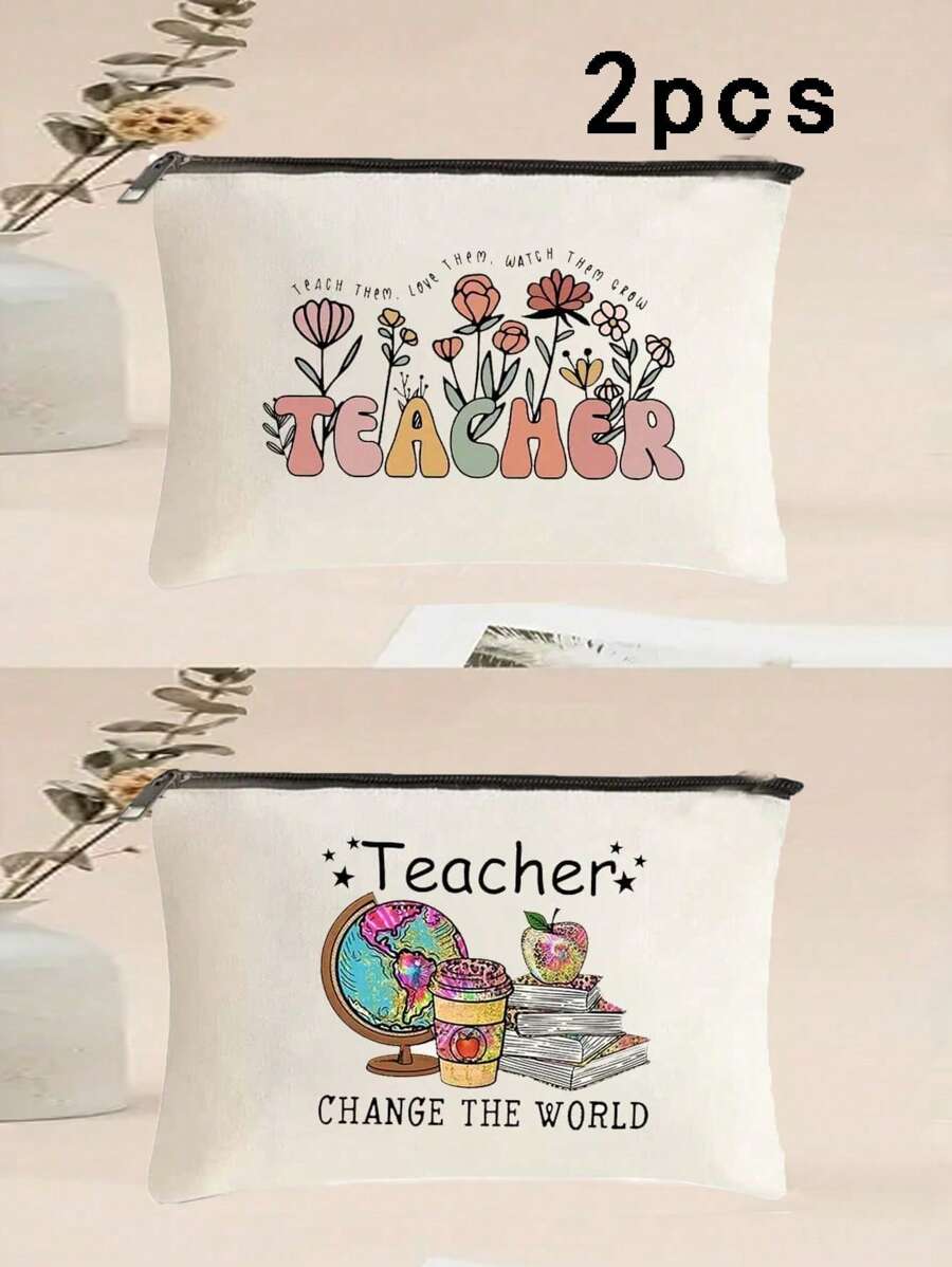 2 个装时尚字母印花化妆包，多功能化妆包，多功能拉链手拿包零钱包老师答谢礼物感谢老师化妆包化妆包毕业生日化妆包卡通图案化妆包，轻便便携礼品袋等功能性化妆包化妆包化妆包化妆收纳盒化妆收纳盒化妆袋化妆包 - 米色 - 查看 1